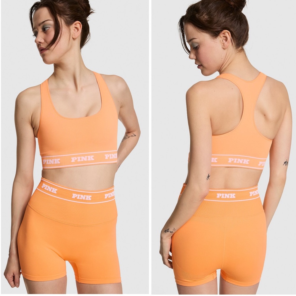 PINK VICTORIA’S SECRET Seamless Logo Sports Bra & 3” Biker Shorts Light Orange L
